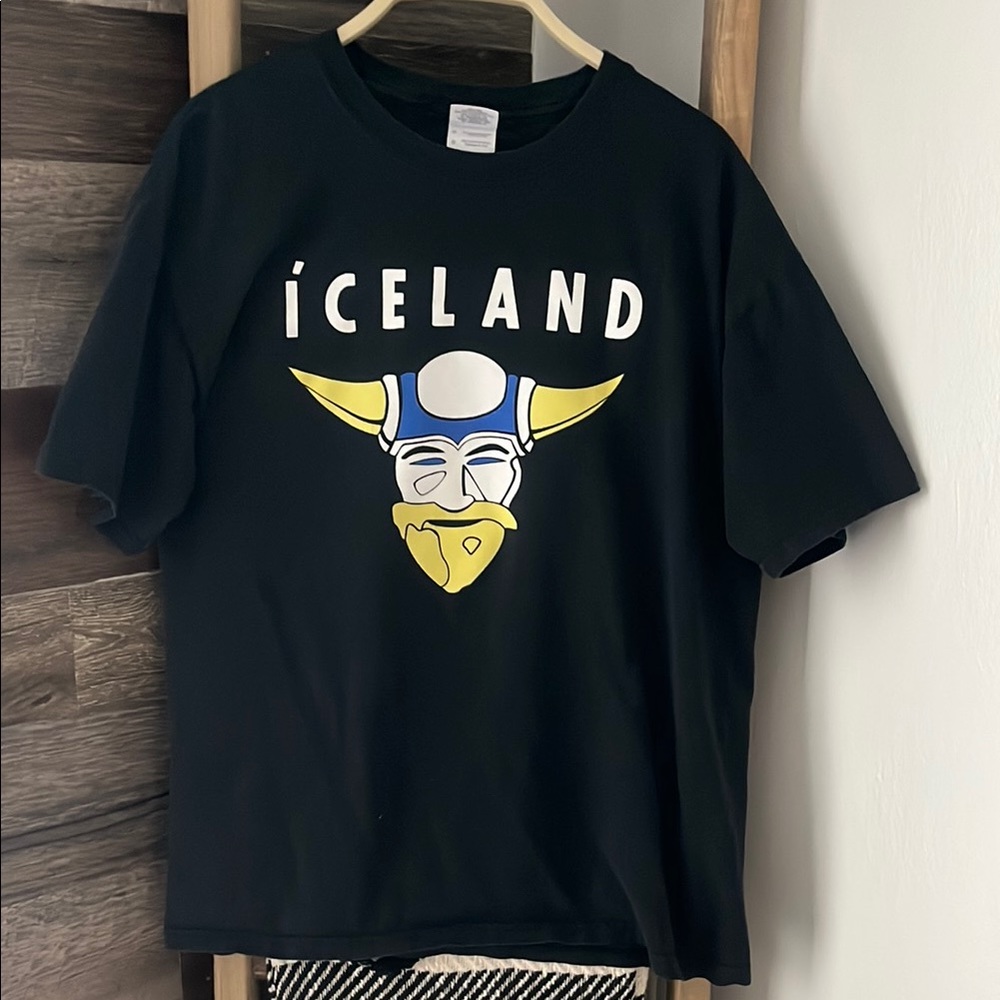 Gildan Black Iceland Graphic Tee with Yellow and Blue Viking Design